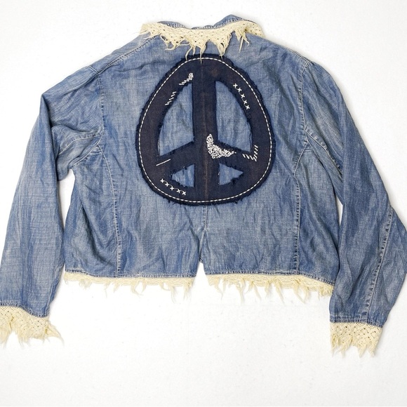 Jaded Gypsy Phoebe Harmony Denim Jacket Peace Sign Tattered Lace L/XL Coachella - Picture 2 of 5